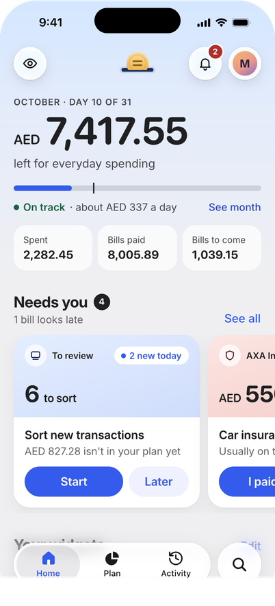 Hasala on iPhone: AED 7,417.55 left for everyday spending on day 10 of October, on track at about AED 337 a day, with six transactions to sort and a car insurance bill that looks late.